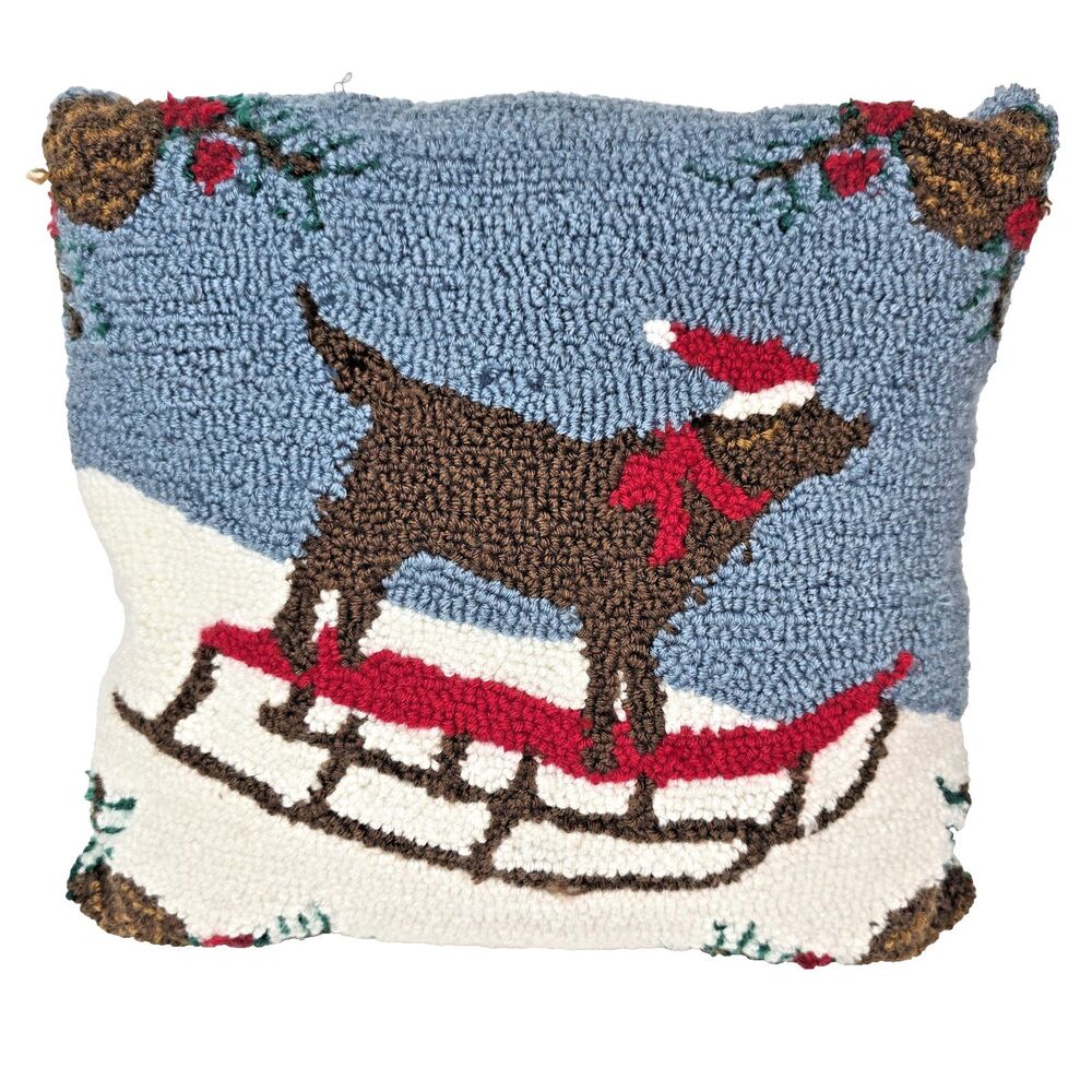 St Nicholas Square Christmas Dachshund Hooked Accent Pillow Wiener Dog Sled 12"